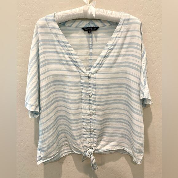 VELVET HEART | Blue White Striped Button Front Tie Blouse Tencel Top | Medium - Picture 1 of 7